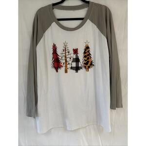 Womens Buffalo Plaid Leopard Print Christmas Tree Raglan Top Size 3XL